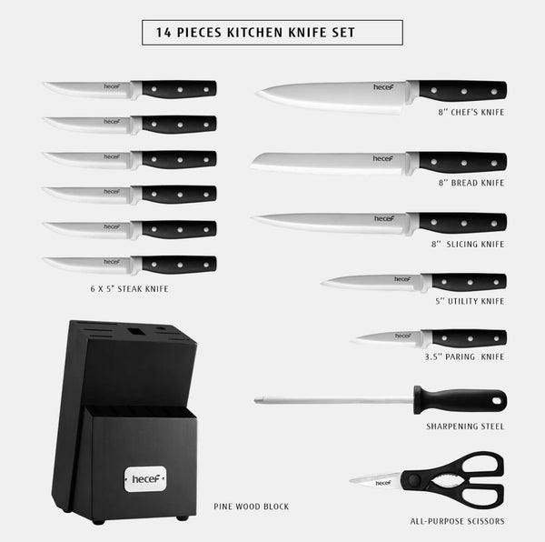 14 PCS Kitchen Knife Block Set High Carbon Stainless Steel Cutlery w/ Sharpener