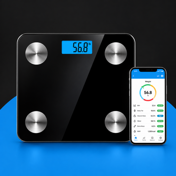 Black Bluetooth smart scale and fitness tracking phone on blue semicircle against charcoal background