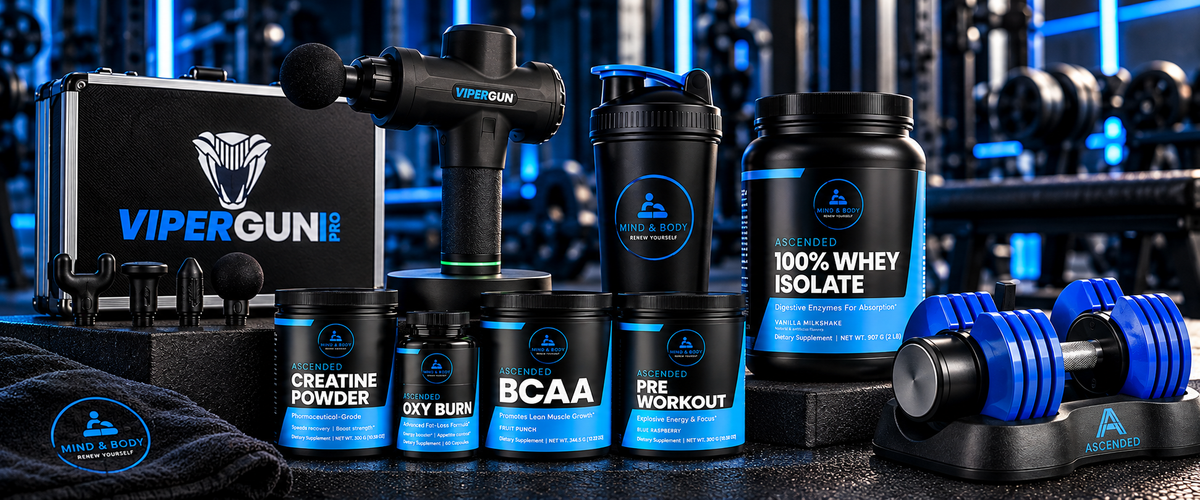 ASCENDED workout supplements, ViperGun Pro, shaker and adjustable dumbbells in a blue-lit gym1621243260e1af0c20-0